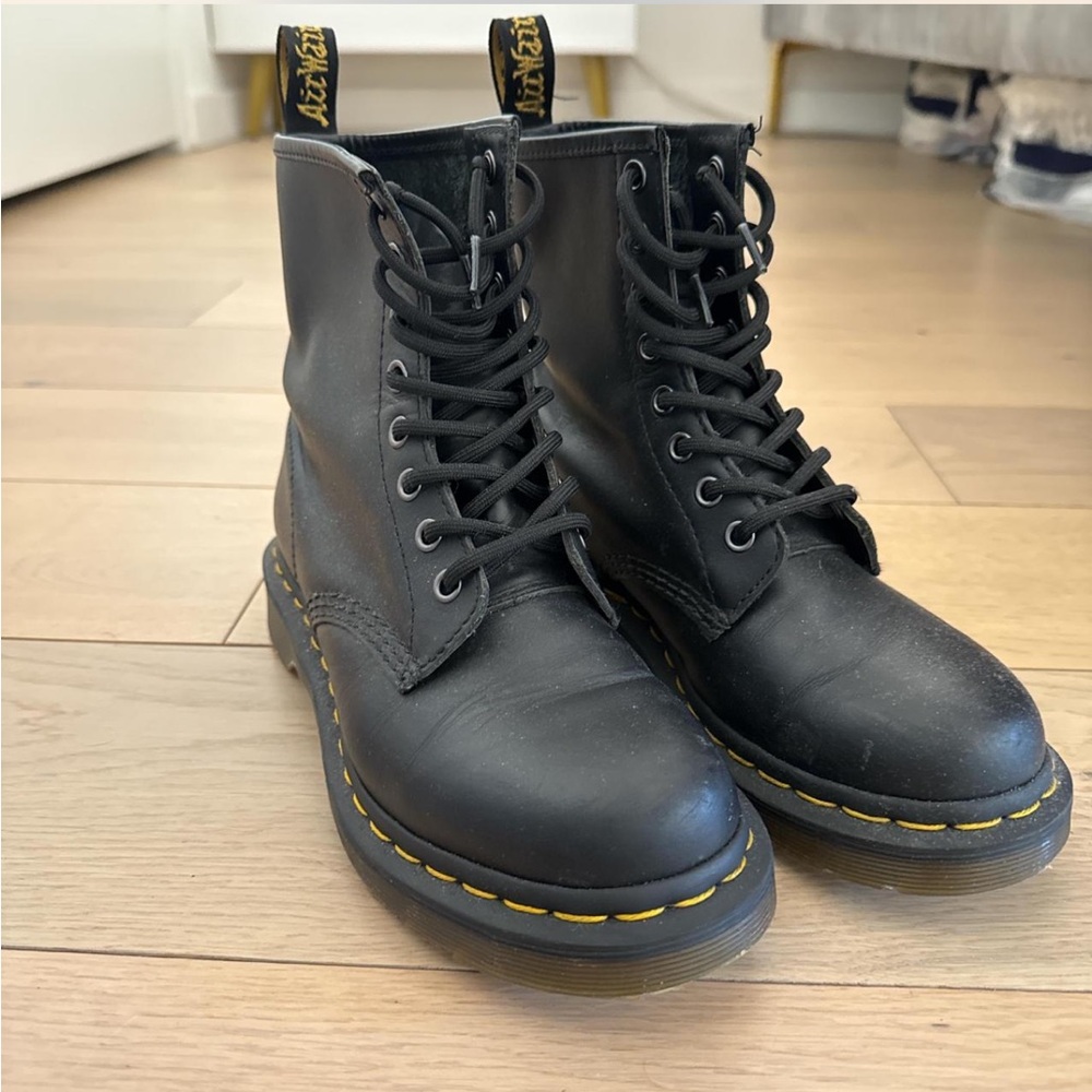 Dr. Martens Black Leather Boots with Yellow Stitching